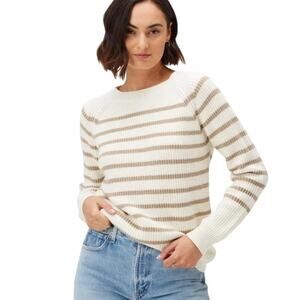 Amour Vert White Layla Crewneck Tan Striped Organic Cotton Sweater